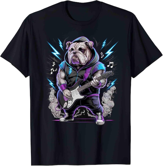 Rock Bulldog Playing Guitar T-shirt Funny Electric Guitar Tee