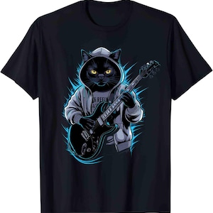 Rock Black Cat Playing Guitar T-Shirt | Funny Guitar Cat Tee | Music Lover Gift