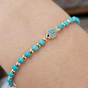 Turquoise Natural Stone Women&#39;s Bracelet, Zircon Stone Fish Jewelry, Bracelet For Women, Gold Plated Beads, Jewelry For Mom, Gift For Her
