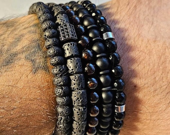 Garnet Lava Stone and Onyx Natural Stone Bracelet Set, Handmade Gemstone Men Bracelet, Gift For Boyfriend, Gift Mor Dad, Bracelet For Men