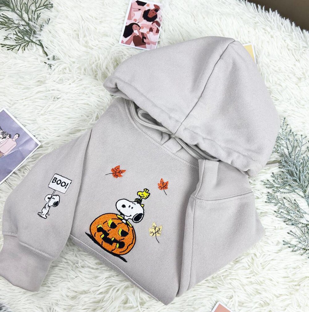 Snoopy Pumpkin Embroidered Sweatshirt, Dog Woodstock Fall Embroidered Sweatshirt, Dog Woodstock Fall Embroidered Sweatshirt