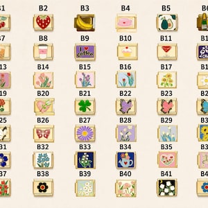 May include: A collection of forty-two rectangular gold-tone modular bracelet links, each featuring a unique enamel design including fruits, flowers, butterflies, drinks, and text like 'I love coffee' and 'Cheers!', arranged in a grid labeled B1 to B42.
