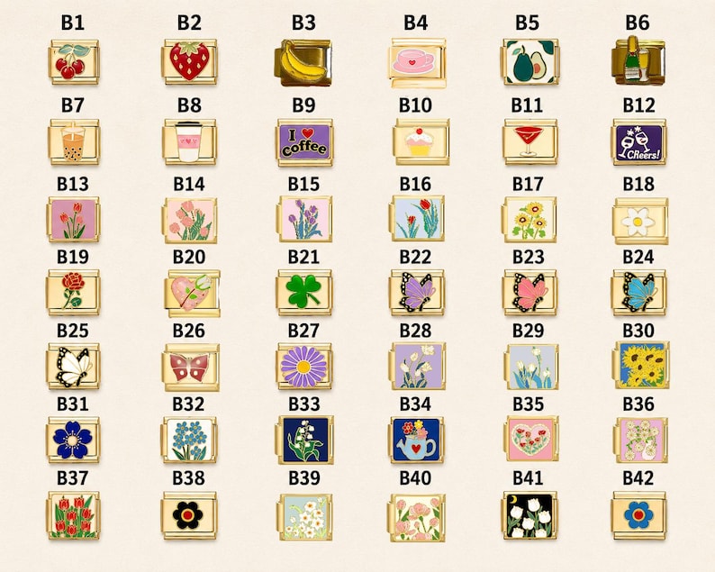 May include: A collection of forty-two rectangular gold-tone modular bracelet links, each featuring a unique enamel design including fruits, flowers, butterflies, drinks, and text like 'I love coffee' and 'Cheers!', arranged in a grid labeled B1 to B42.