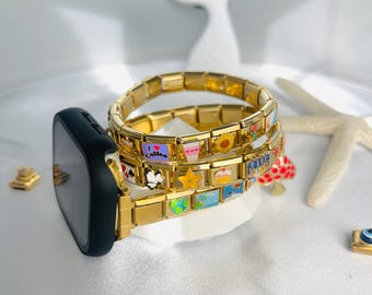 Gold Italian Charm Bracelet Smart Watch Band, Custom Smart Watch Band Bracelet for Women, Custom Smart Watch Charm, Metal Smart Watch Bands
