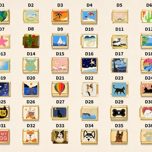 May include: A collection of thirty-six square gold-tone modular charm links arranged in a grid. Each charm features a unique colorful enamel design, including landscapes, animals, celestial bodies, and text labels like CATS and MY DOG, labeled D1 to D36.