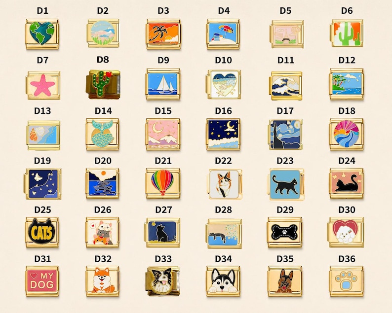 May include: A collection of thirty-six square gold-tone modular charm links arranged in a grid. Each charm features a unique colorful enamel design, including landscapes, animals, celestial bodies, and text labels like CATS and MY DOG, labeled D1 to D36.