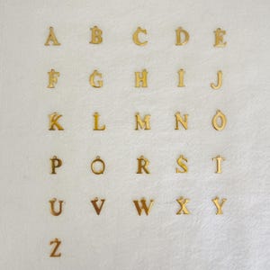 May include: A selection of gold-coloured alphabet charms, each with a small loop at the top for attaching to a chain or bracelet. The letters are displayed on a white, textured surface.
