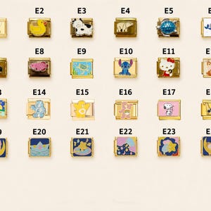 May include: A collection of twenty-four gold-tone modular link charms arranged in a grid, each featuring unique enamel designs including animals, cartoon characters, celestial motifs, and patterns, labeled E1 through E24 in black text.