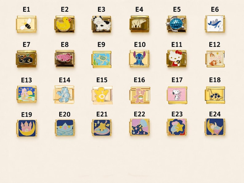 May include: A collection of twenty-four gold-tone modular link charms arranged in a grid, each featuring unique enamel designs including animals, cartoon characters, celestial motifs, and patterns, labeled E1 through E24 in black text.