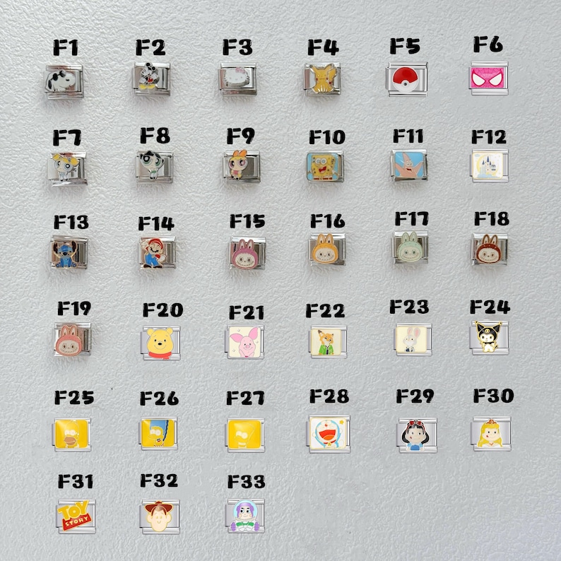May include: A collection of thirty-three rectangular metal modular bracelet links, each featuring a unique colorful enamel character or icon. The links are arranged in a grid, labeled F1 through F33, showcasing various cartoon figures and symbols.
