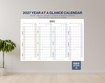 May include: A 2027 year at a glance wall calendar printed on thick matte paper with dimensions of 24x18, 36x24, and 48x36 inches. The calendar features a grid layout for all twelve months, with options for Sunday or Monday starts and a bonus printable set.