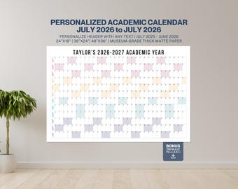 Personalized Academic Calendar 2026-2027, Custom July to June School Year Wall Planner