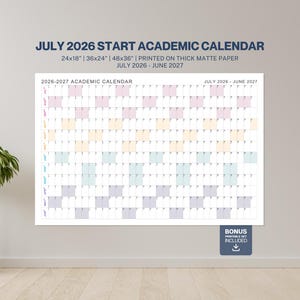 May include: A large academic calendar for July 2026 to June 2027, printed on thick matte paper. The calendar is available in 24x18, 36x24, and 48x36 inch sizes. It features a grid layout with colorful blocks for each month.