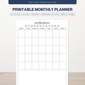 Planificador mensual imprimible / Calendario mensual en blanco / Calendario sin fecha / Diseño minimalista / Descarga digital en archivo PDF / Tamaños carta y A4 de EE. UU.
