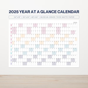 2025 Year at a Glance Calendar | Large 2025 Calendar | 2025 Wall Planner | Annual Organizer | Pastel Colors | Horizontal Grid Design