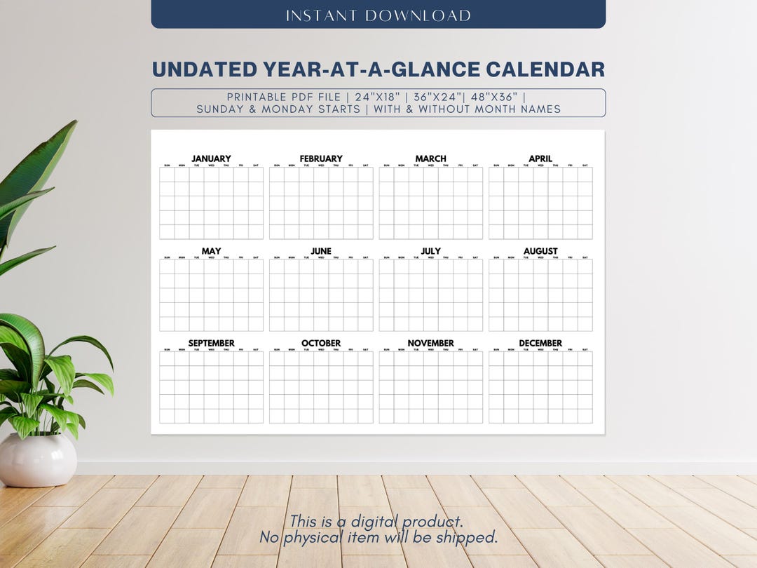Undated Yearly Calendar Printable, Perpetual Wall Calendar Large Size, Blank Year at a Glance ...