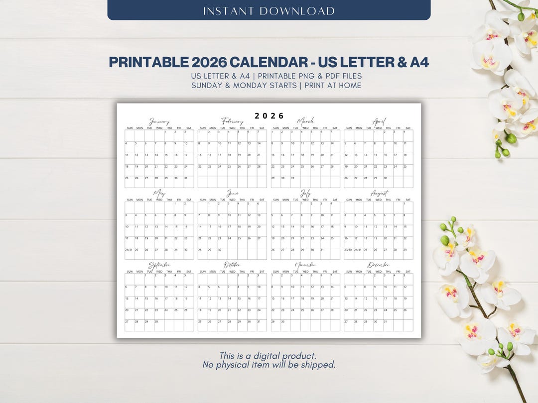 2026 Jahreskalender zum Ausdrucken | Kalligraphie Monatsnamen | A4 & US