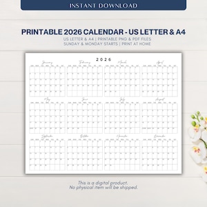 Printable 2026 Calendar | Year at a Glance Desk Calendar US Letter & A4 Size | Printable PDF, PNG | Goodnotes Compatible | Print at Home