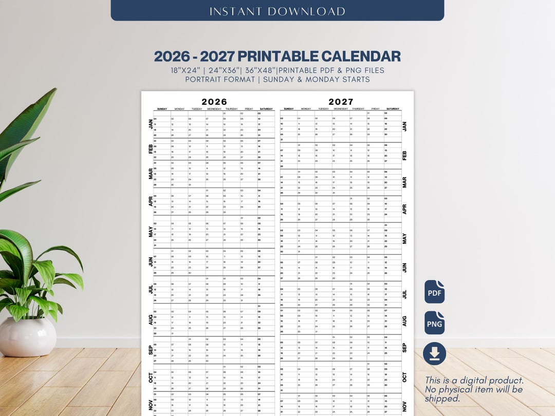 2026-2027 Two-year Printable Calendar: Large Wall Planner (PDF & PNG
