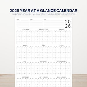 May include: A 2026 year-at-a-glance calendar with a simple layout. The calendar is printed on thick matte paper and features the year 2026 in large numbers. The calendar measures 18" x 24" or 36" x 48" and starts on Sunday and Monday.