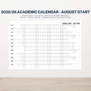 2025-2026 Academic Wall Calendar: August Start, Weekday Columns