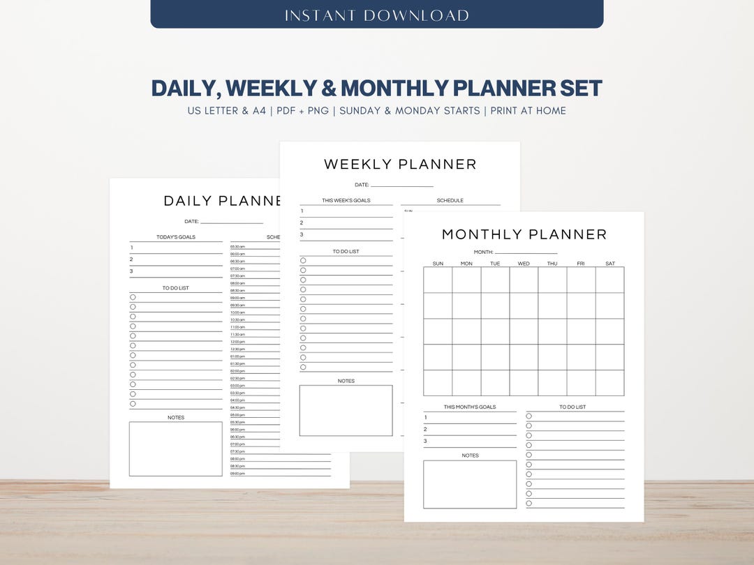 Printable Daily, Weekly, Monthly Planner Set (A4 & US Letter) - Etsy