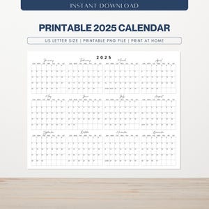 Calendario imprimible 2025 / Calendario de escritorio 2025 tamaño carta de EE. UU. / Planificador de resumen del año 2025 / Planificador anual de una página / Imprima en casa