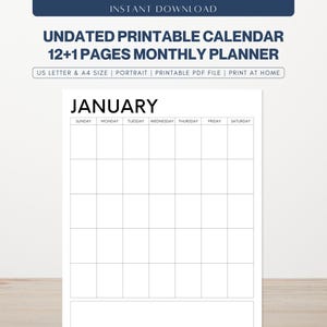 Calendario sin fecha imprimible / Calendario perpetuo simple / Calendario mensual en blanco / Planificador de escritorio tamaño carta A4 / Descarga digital de archivos PDF