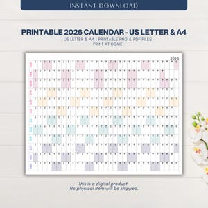 2026 Calendar Printable | US Letter & A4 |  Year at a Glance Calendar | One Page Desk Planner | Pastel Colors | Instant Download PDF, PNG