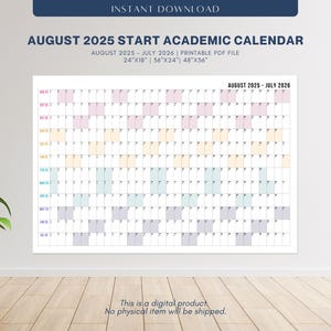 August 2025 Start Academic Calendar Printable | August 2025 – July 2026 Landscape Wall Calendar | Academic Year Planner | Digital Download