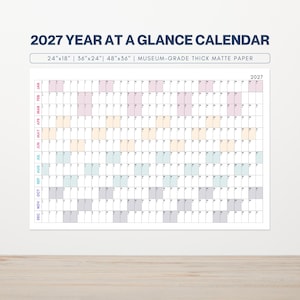 2027 Year at a Glance Calendar | Large 2027 Calendar | 2027 Wall Planner Horizontal | 2027 Yearly Planner | Annual Organizer | Pastel Colors