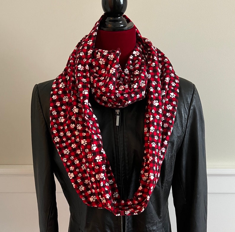 Red and Black Buffalo Check Paw Print Flannel Infinity Scarf image 2