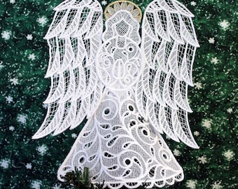 Holly Lace Angel Christmas Tree Topper with Gold Halo
