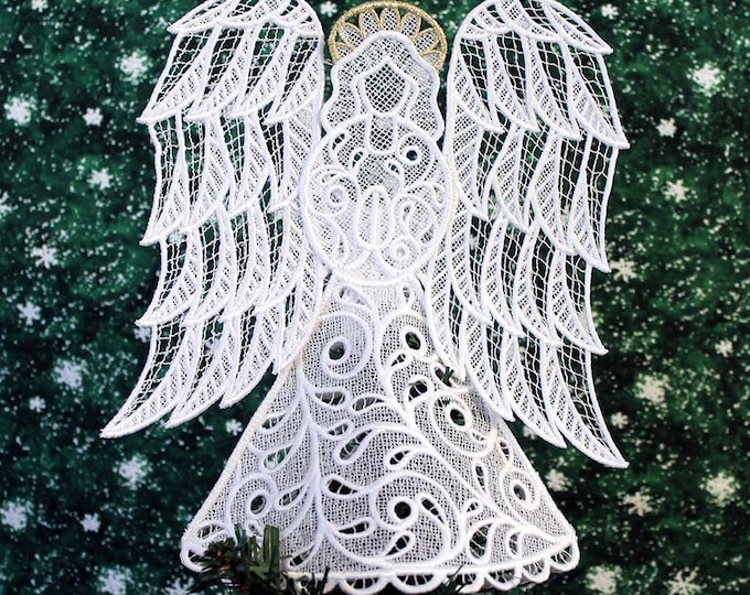 Holly Lace Angel Christmas Tree Topper with Gold Halo