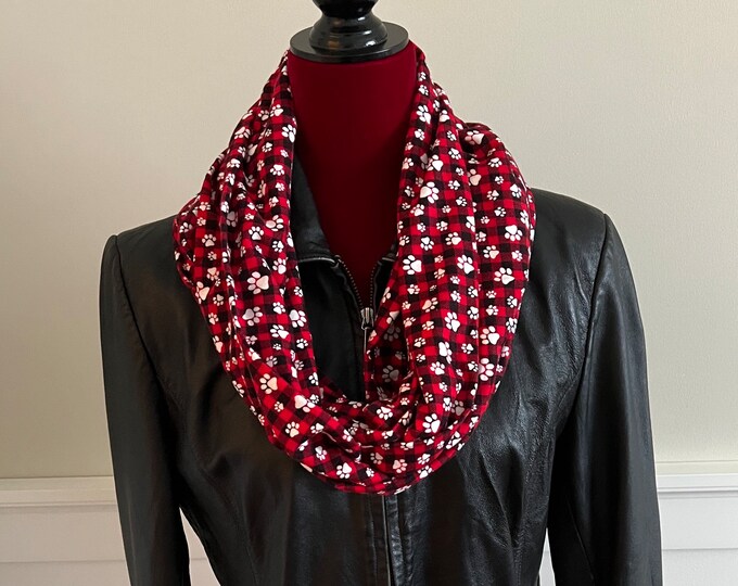 Red and Black Buffalo Check Paw Print Flannel Infinity Scarf