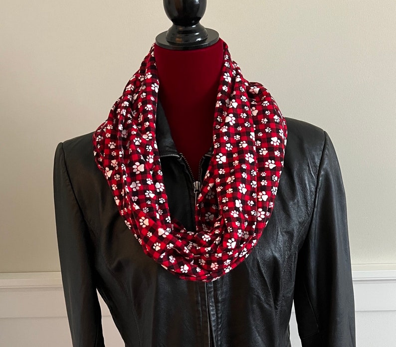 Red and Black Buffalo Check Paw Print Flannel Infinity Scarf image 1