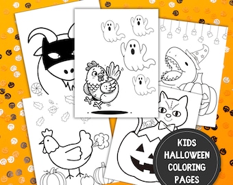 May include: Five black and white coloring pages featuring Halloween themed illustrations. The pages include a cat, a chicken, a ghost, a pumpkin, and a dinosaur wearing a witch's hat. The text "KIDS HALLOWEEN COLORING PAGES" is on the bottom right corner of the image.