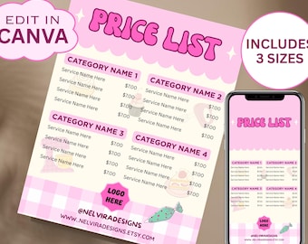May include: A pink price list template with the words "PRICE LIST" in a bubble font. The template includes sections for category names and service names. A phone displays the price list. The design includes the text "EDIT IN CANVA" and "INCLUDES 3 SIZES".