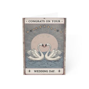 Hochzeitskarte Schwan. Herzlichen Glückwunsch, Love Birds, romantisches Jubiläumsgeschenk, handschriftliche Notizen.
