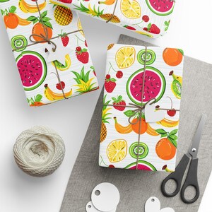 Fruit Pattern Wrapping Paper. Watermelon, Banana, Strawberry and Kiwi Gift Wrap for Summer Birthdays Parties and Special Occasions