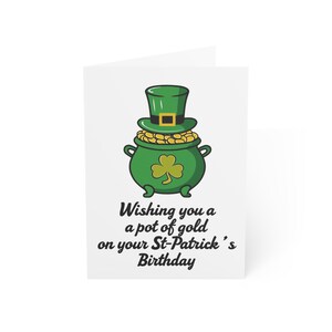 St. Patrick's Day Geburtstagskarte, festliche irische Geburtstagswünsche, Shamrock-Karten für Freunde, grüner Topf voller Gold.