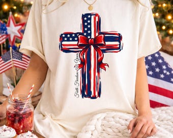 American Flag Cross Shirt, Faith Based 4th July T-shirt, Faith Freedom 250 Years Tee, American Flag Jesus Shirt, Christian Patriotic Tee