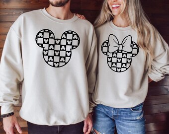 Checkered Disney Mickey And Minnie Sweatshirt,Disney Couple Trip Shirt,Mickey Head Shirt,Disneyland Family Vacation,Disney Matching Tees