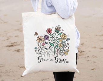 Wildflower Christian Tote Bag: Grow in Grace Floral Design
