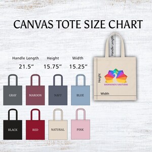 The image is a canvas tote size chart that displays various canvas tote bag colors and their corresponding dimensions.