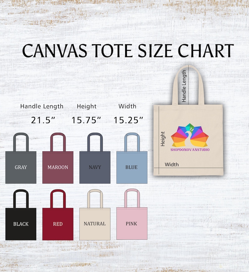 The image is a canvas tote size chart that displays various canvas tote bag colors and their corresponding dimensions.