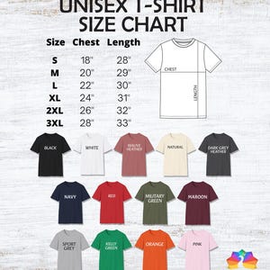 May include: A unisex t-shirt size chart featuring a line drawing of a shirt with chest and length labels. A table lists sizes S through 3XL with corresponding measurements in inches. Below are colour swatches for black, white, mauve, natural, dark grey, navy, red, military green, maroon, sport grey, kelly green, orange, and pink.