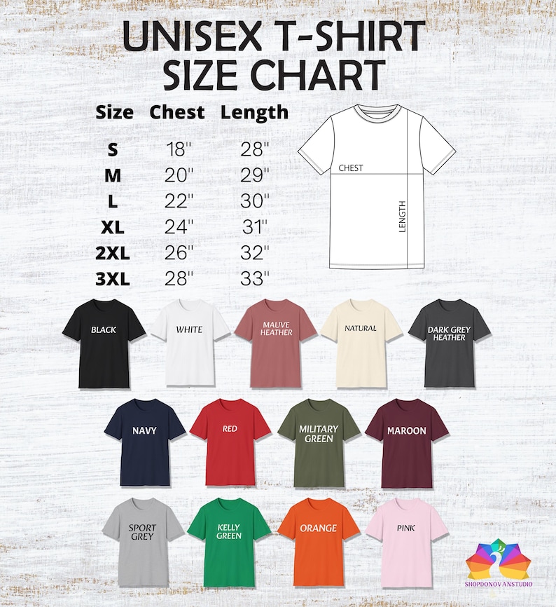 May include: A unisex t-shirt size chart featuring a line drawing of a shirt with chest and length labels. A table lists sizes S through 3XL with corresponding measurements in inches. Below are colour swatches for black, white, mauve, natural, dark grey, navy, red, military green, maroon, sport grey, kelly green, orange, and pink.