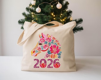 Year of the Horse 2026 Tote Bag, Chinese Zodiac Horse Tote,Reusable Eco-Friendly Lunar New Year Gift Bag