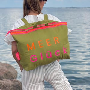 Dames XL canvas rugzak, olijfgroen "SEA Happiness" - Grote stoffen rugzak met rits, strandrugzak en reisgenoot